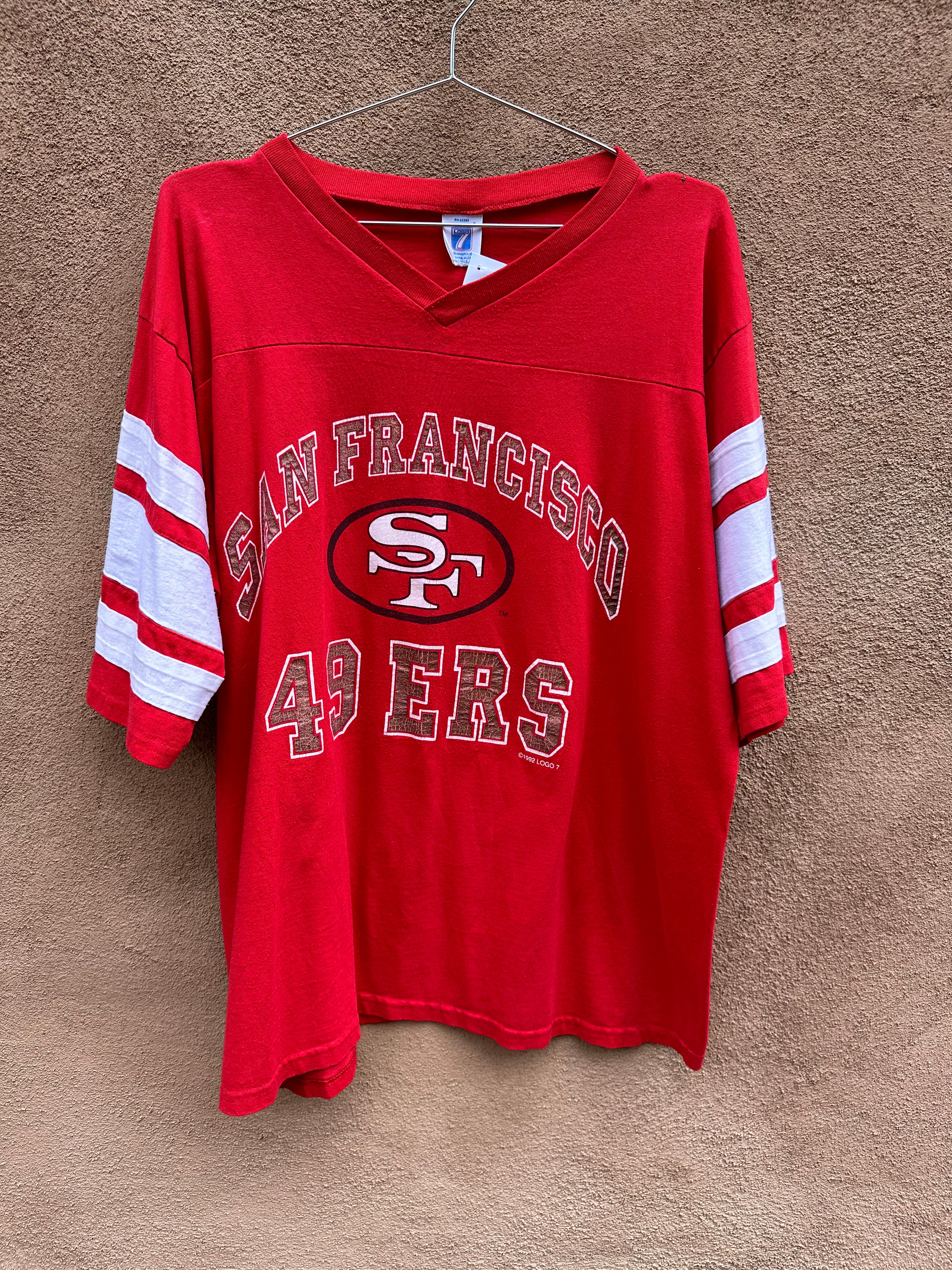 1989 San Francisco 49ers Logo 7 NFL Football Striped T-Shirt