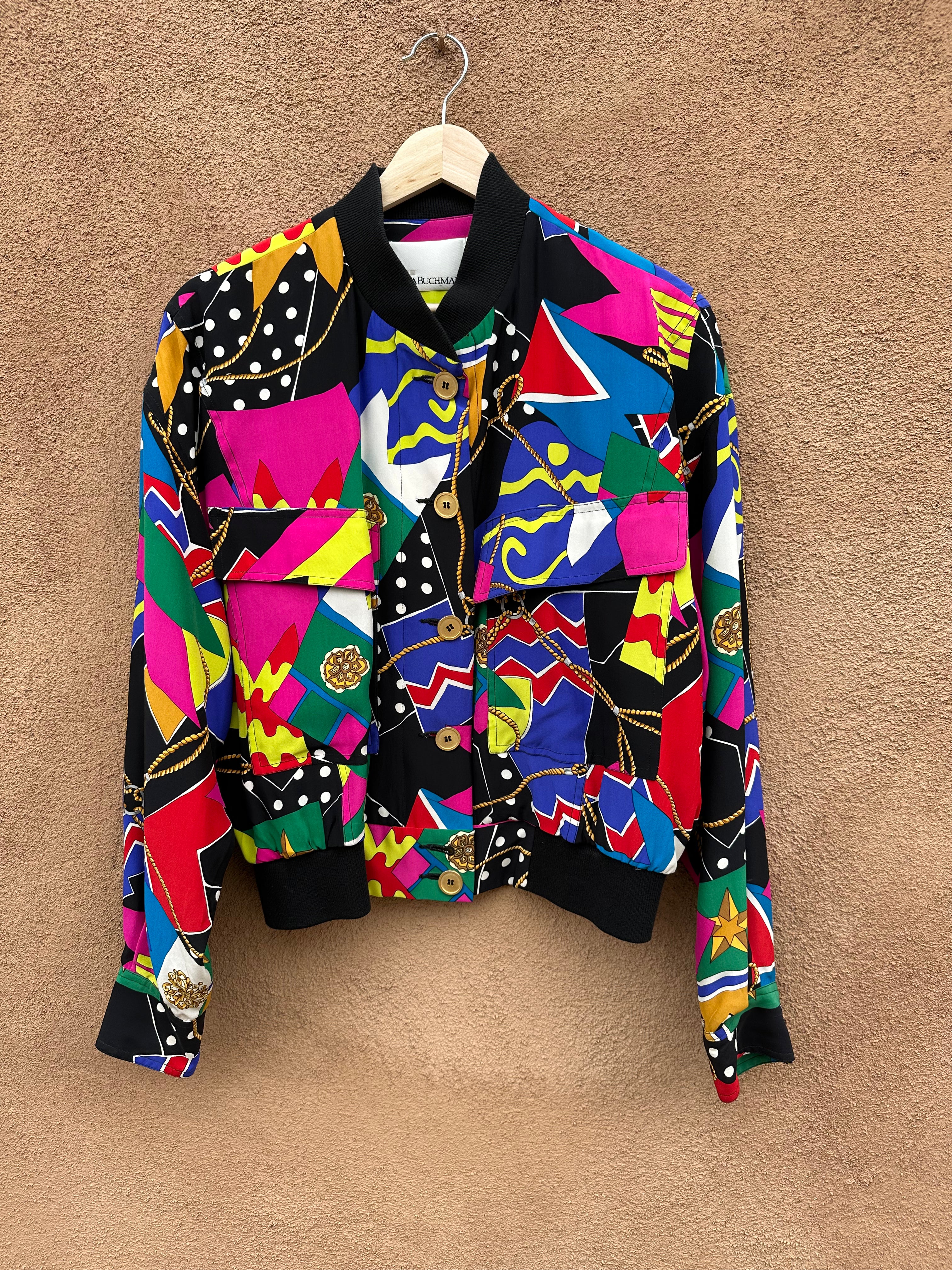Vintage Crazy 80's Print Silk Bomber Jacket by Dana Buchman