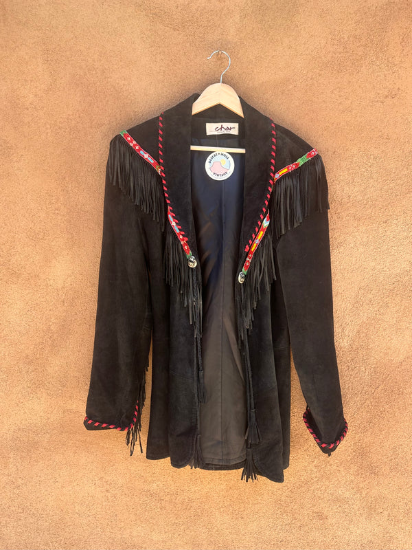 Black Suede Char Jacket with Fringe & Beading