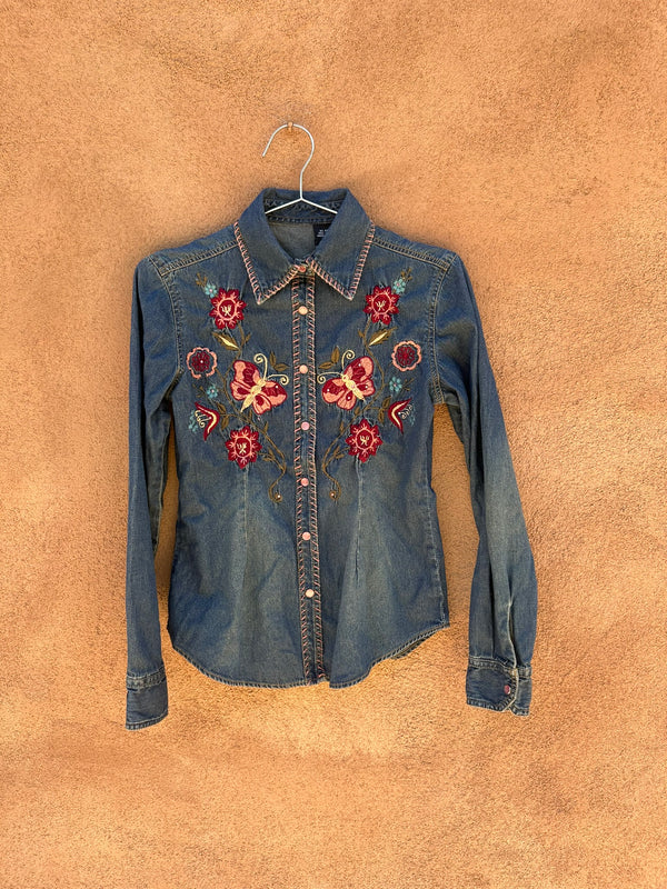 Embroidered Butterfly & Flowers Denim Cowgirl Blouse