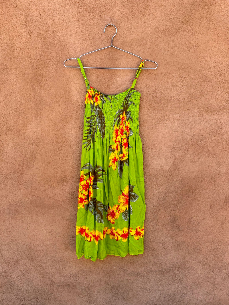 Green Rayon Hibiscus Strappy Dress