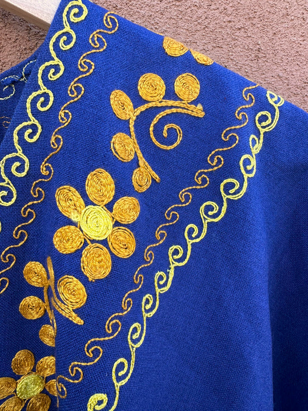 1970's Blue Boho Kaftan with Yellow & Gold Embroidery