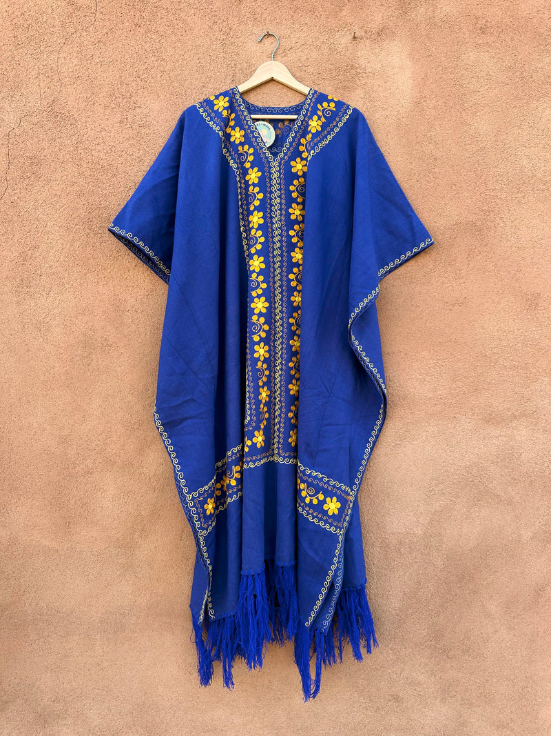 1970's Blue Boho Kaftan with Yellow & Gold Embroidery