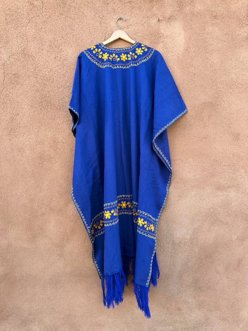 1970's Blue Boho Kaftan with Yellow & Gold Embroidery