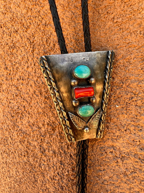 M&JCY Bolo Tie with Turquoise and Coral