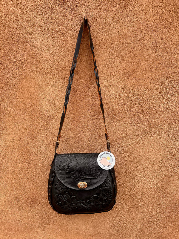 Black Hand Tooled Leather Purse with Zip Coin Pocket