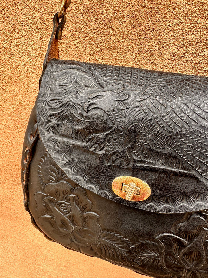 Black Hand Tooled Leather Purse with Zip Coin Pocket