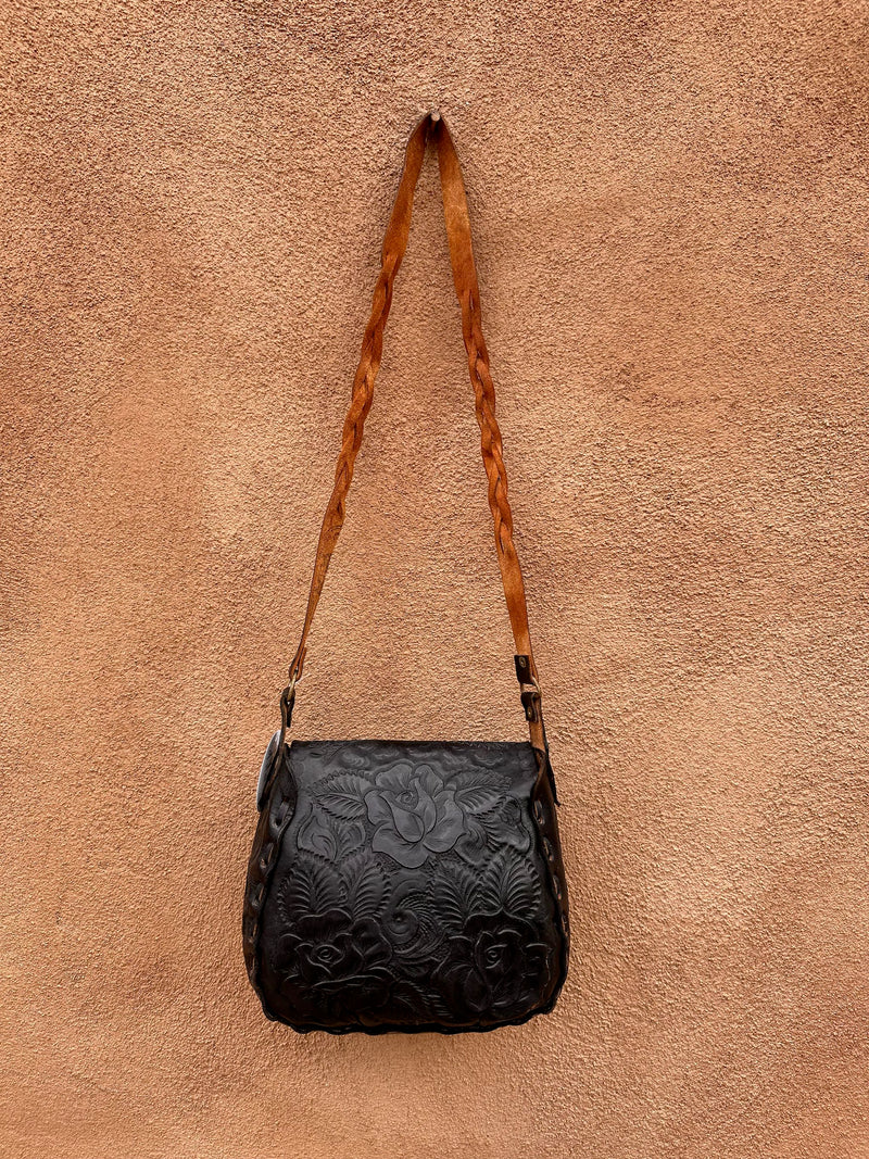 Black Hand Tooled Leather Purse with Zip Coin Pocket