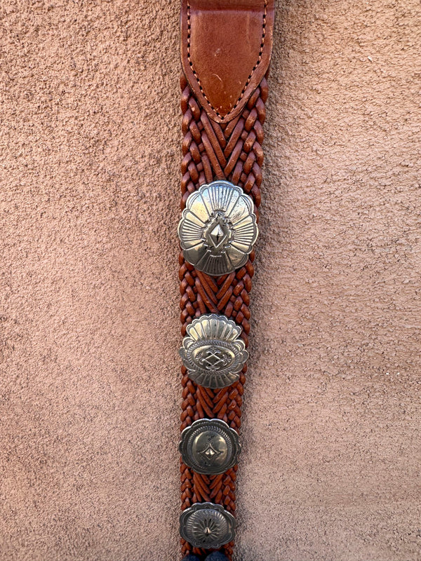 Brown Braided Leather Belt with Conchos - Small