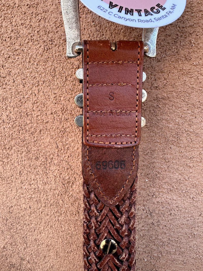 Brown Braided Leather Belt with Conchos - Small