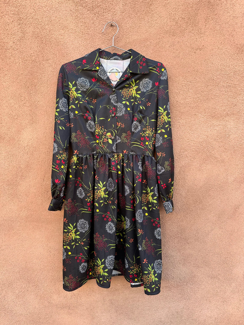 Black Floral 70's Secretary Dress