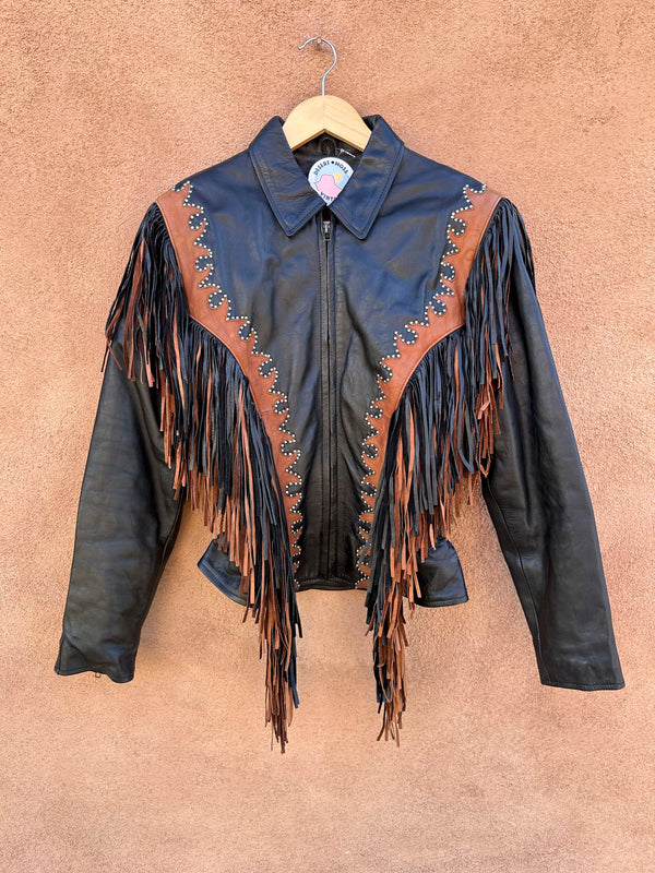 Black & Brown Fringe Biker Babe Leather Jacket with Studs