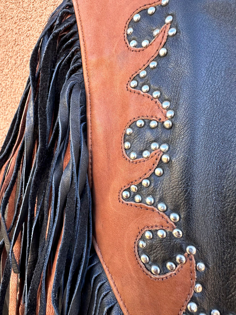 Black & Brown Fringe Biker Babe Leather Jacket with Studs