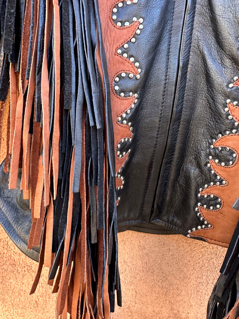 Black & Brown Fringe Biker Babe Leather Jacket with Studs