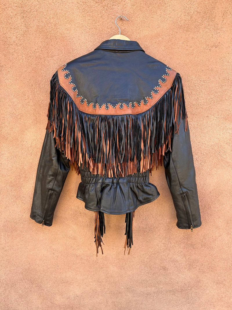 Black & Brown Fringe Biker Babe Leather Jacket with Studs