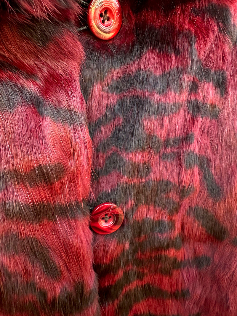 Red Zebra Stripe Rabbit Fur Jacket by Chill Chasers