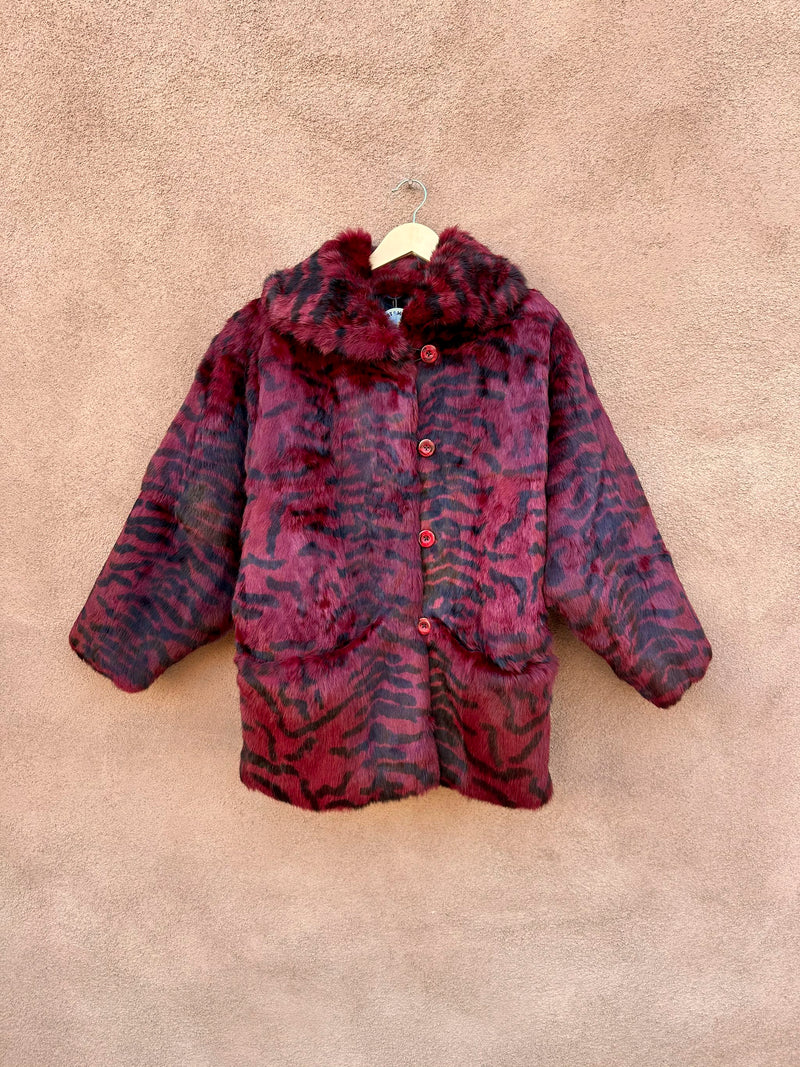 Red Zebra Stripe Rabbit Fur Jacket by Chill Chasers