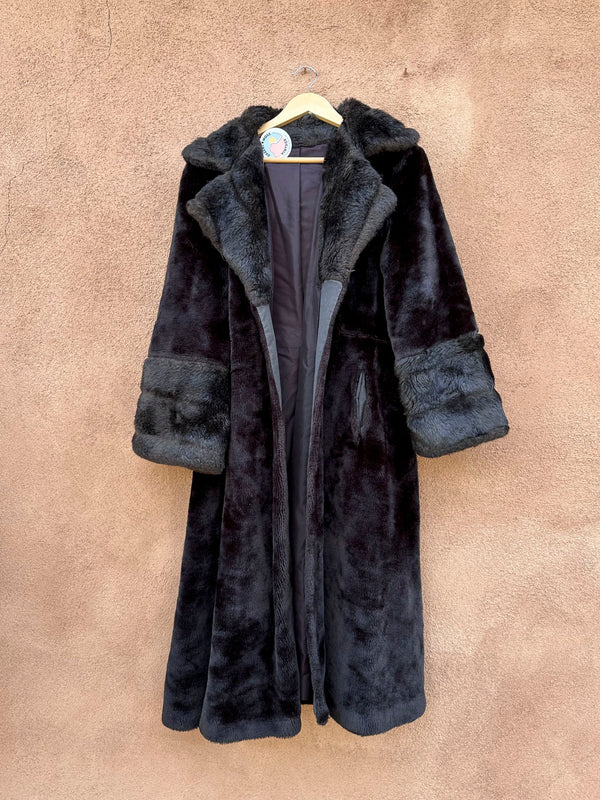 60's Dark Brown Faux Fur Coat with Hood - as is