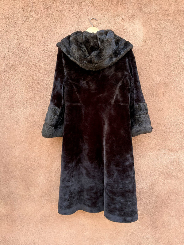 60's Dark Brown Faux Fur Coat with Hood - as is