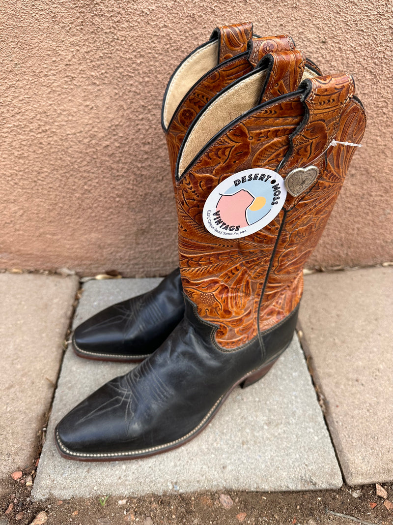 Brown & Black Embossed Leather Justin Boots - 8.5B