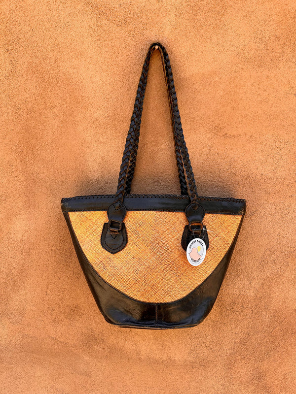 Rattan & Black Leather Bag