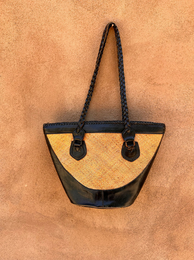 Rattan & Black Leather Bag