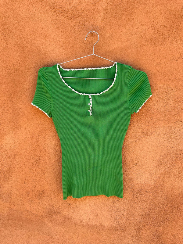 Green Ribbed Henley with Rhinestone Buttons