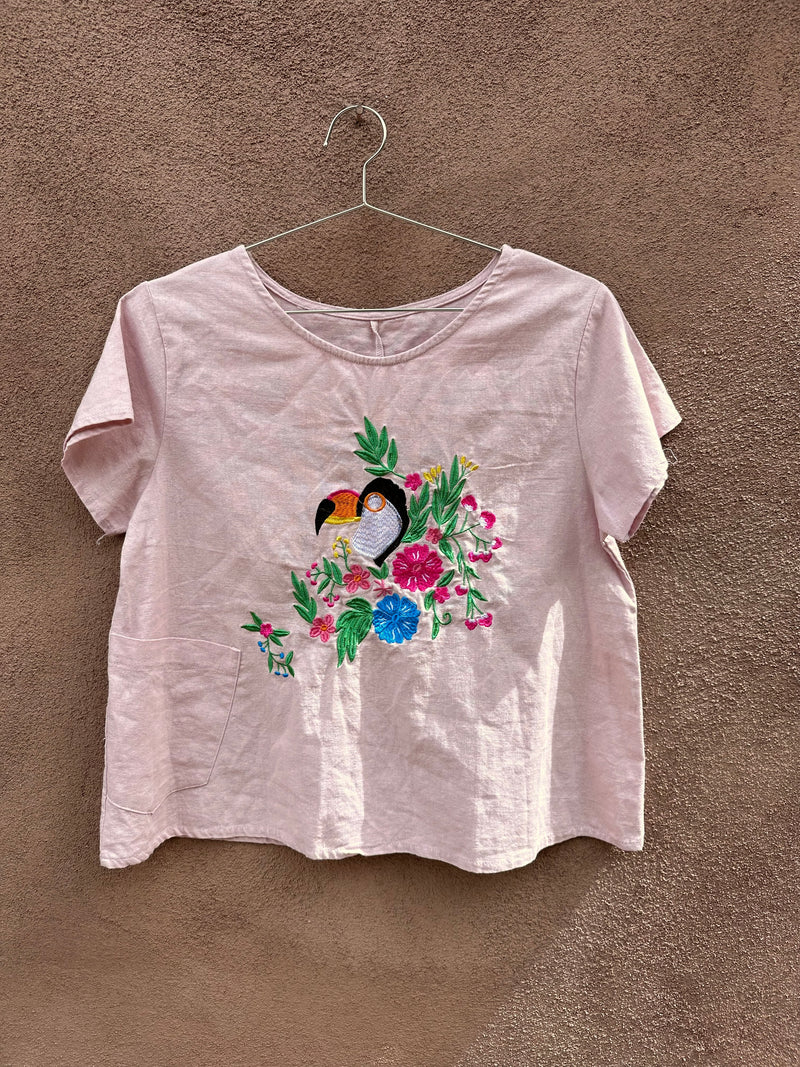 Pink Linen Toucan Embroidery Top