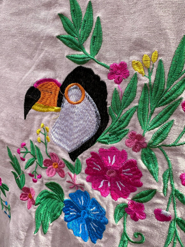 Pink Linen Toucan Embroidery Top