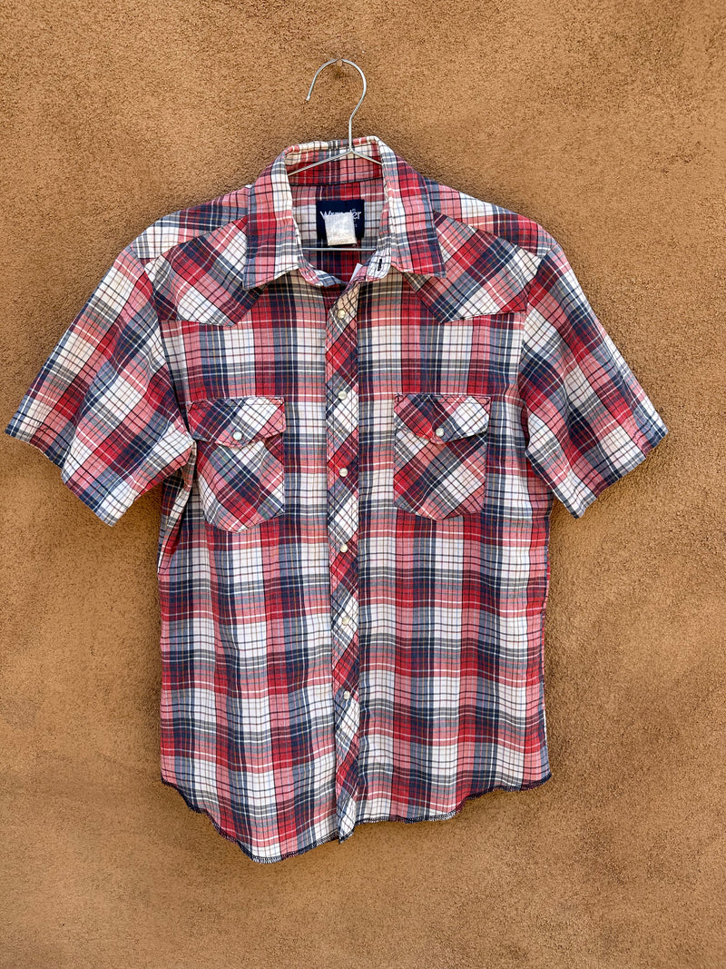 Red, White, and Blue Plaid Short Sleeve Wrangler Shirt