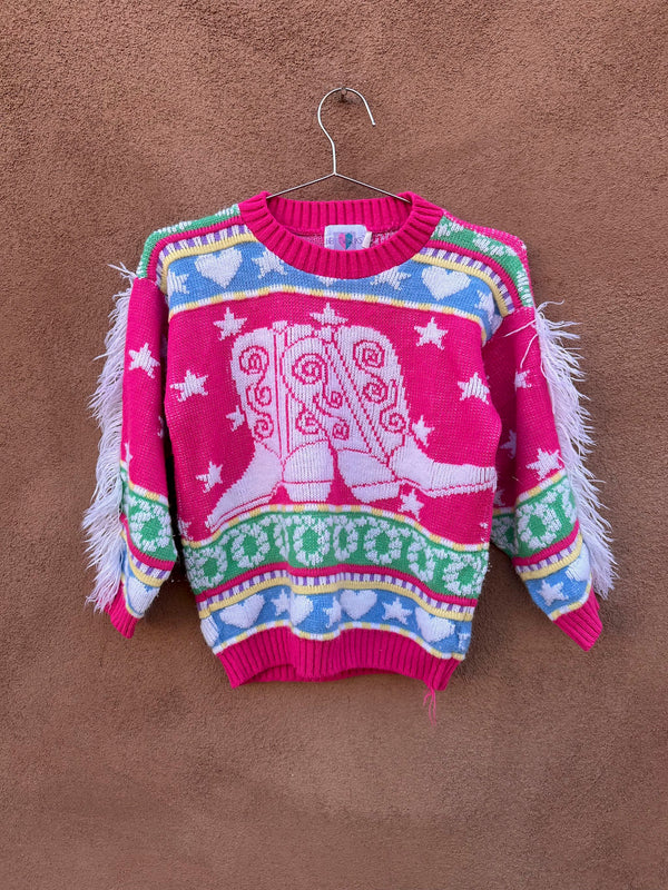 Pink Cowgirl Boot Sweater with Fringe