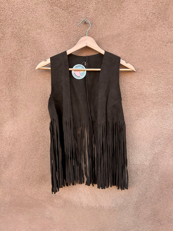 Dark Brown Suede Leather Fringe Boho Vest, Small