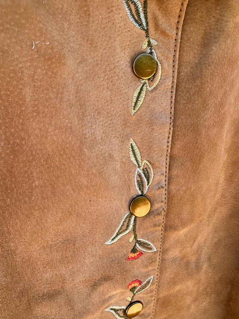 Brown Suede Snap Jacket with Floral Embroidery