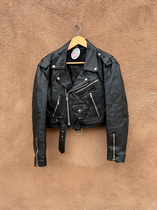 Cropped Black Leather Biker Jacket - Med