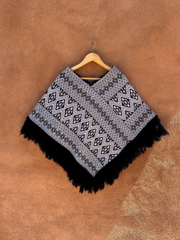 1970's Aztec Pattern Black/White Poncho with Fringe