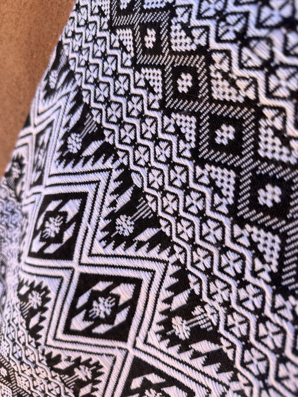 1970's Aztec Pattern Black/White Poncho with Fringe