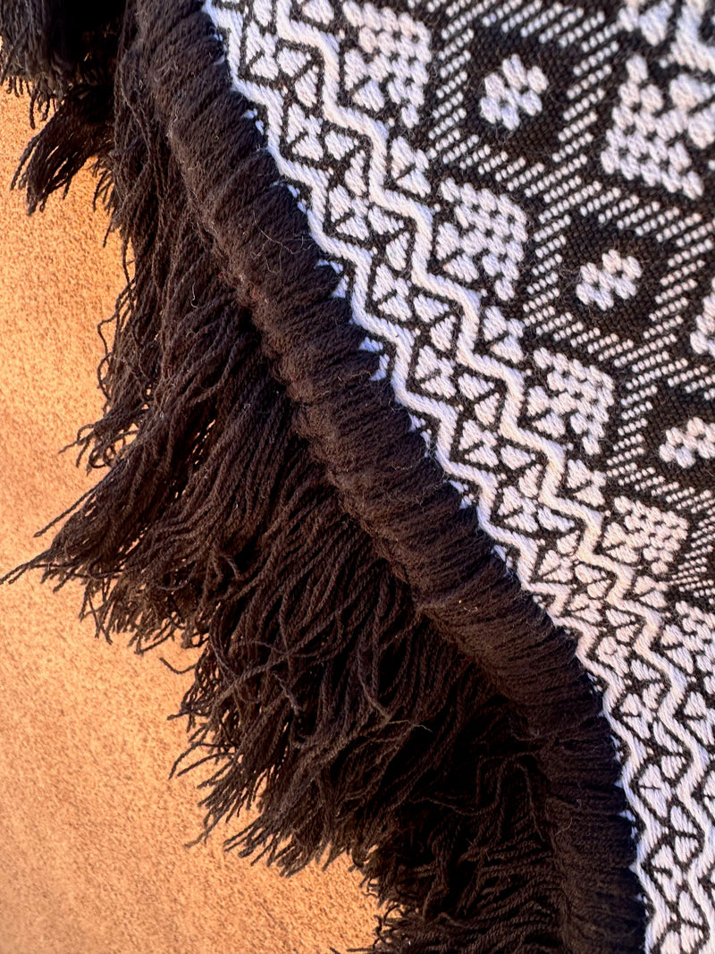 1970's Aztec Pattern Black/White Poncho with Fringe