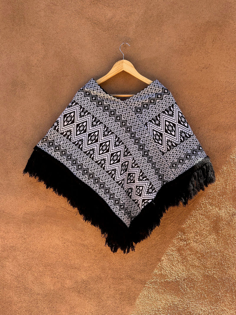 1970's Aztec Pattern Black/White Poncho with Fringe