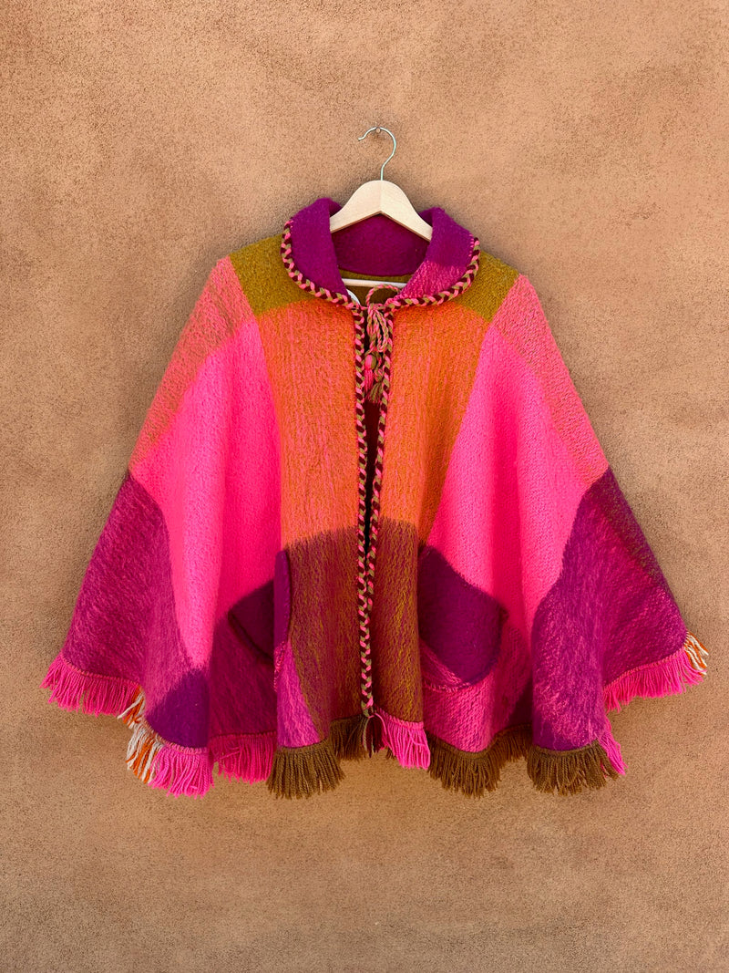 Pink & Earthtone Wool Tie Cape with Fringe