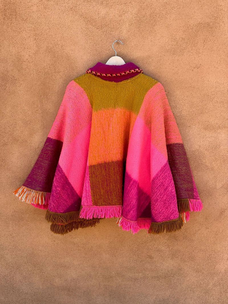 Pink & Earthtone Wool Tie Cape with Fringe