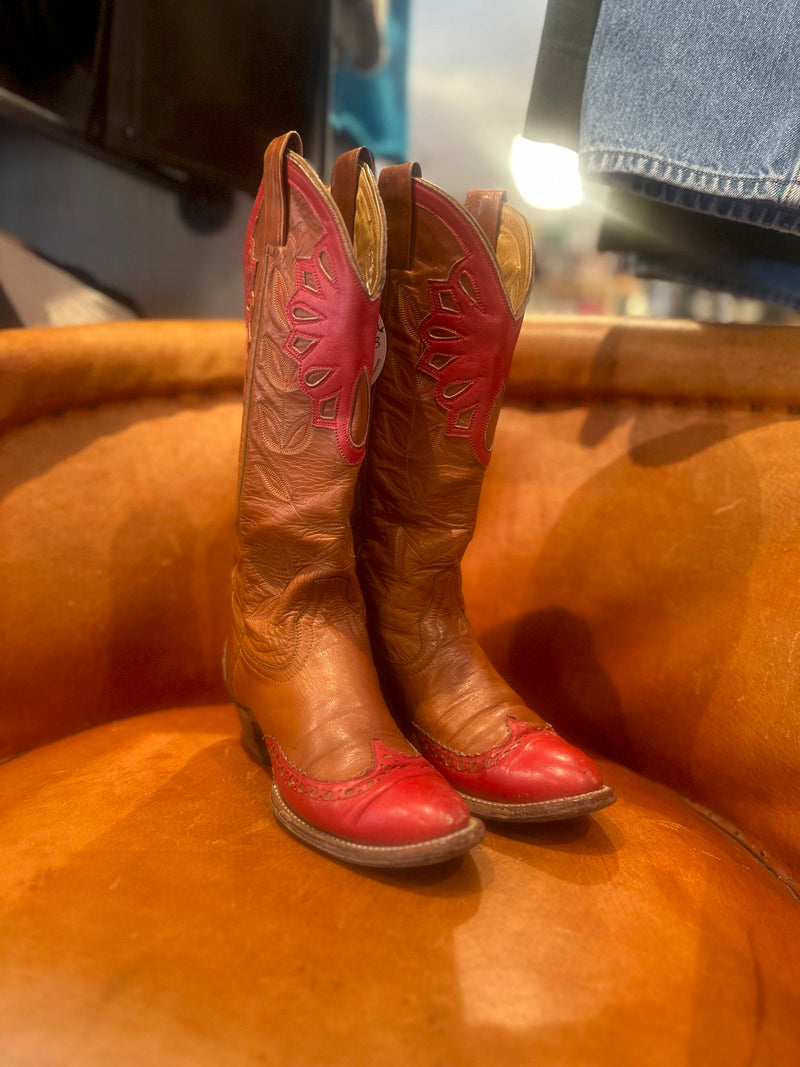 Hand Made Two Tone Red & Brown Leather Laramie Boots - 5b