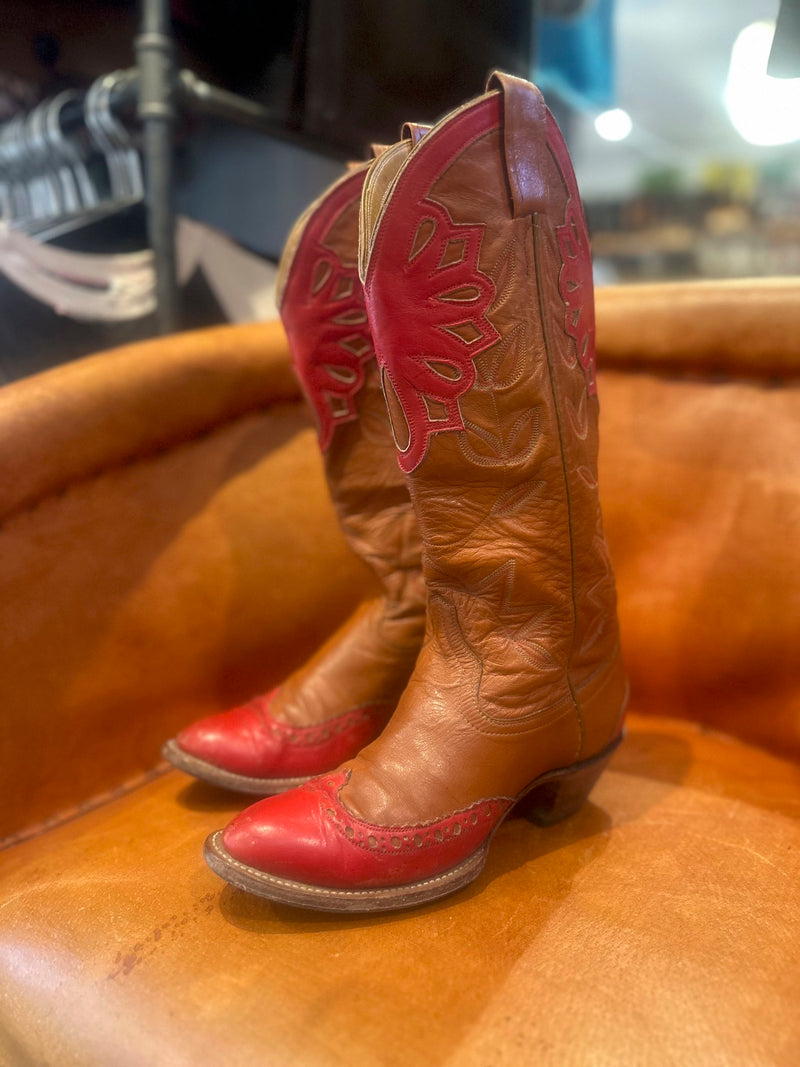 Hand Made Two Tone Red & Brown Leather Laramie Boots - 5b