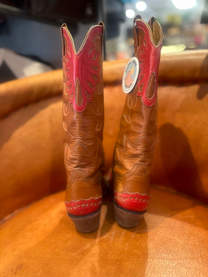 Hand Made Two Tone Red & Brown Leather Laramie Boots - 5b