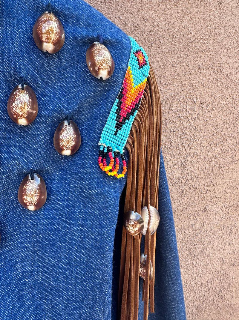 Denim Calvary Jacket with Fringe, Beads, and Shells