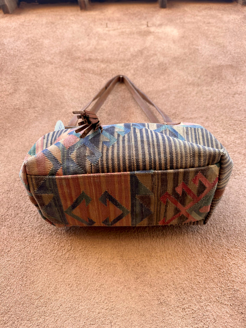 Cotton Kilim & Leather Purse with Fringe Tassel