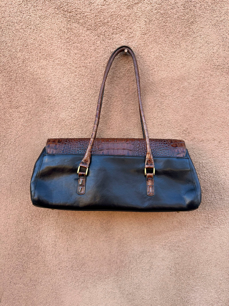 Black Leather with Brown Reptile Brahmin Baguette Bag