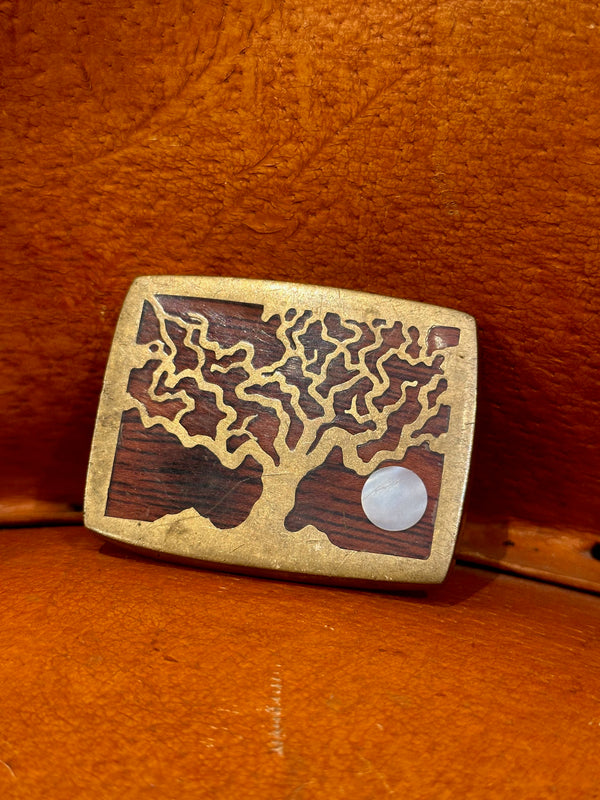 1970's Brass Tree Inlay, Wood and Mother of Pearl Belt Buckle