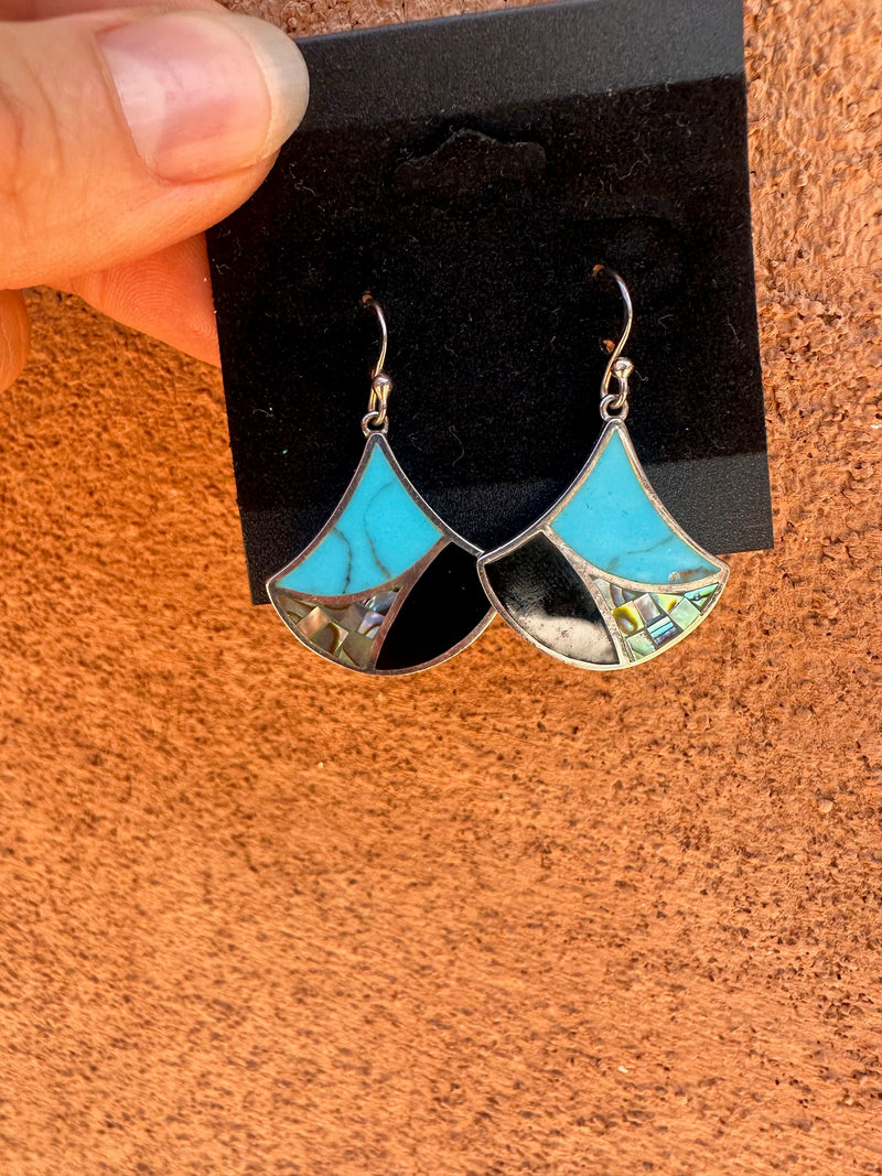 Fan Turquoise, Onyx and Shell Earrings