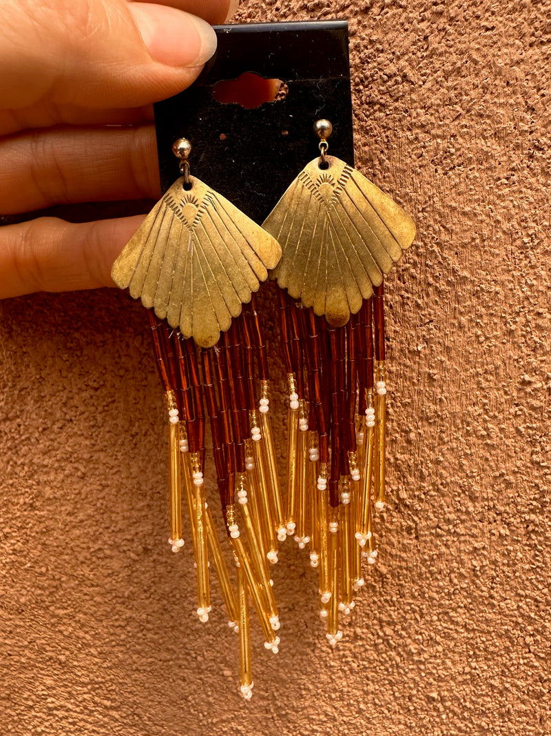 Brass Fans with Fringe Earrings