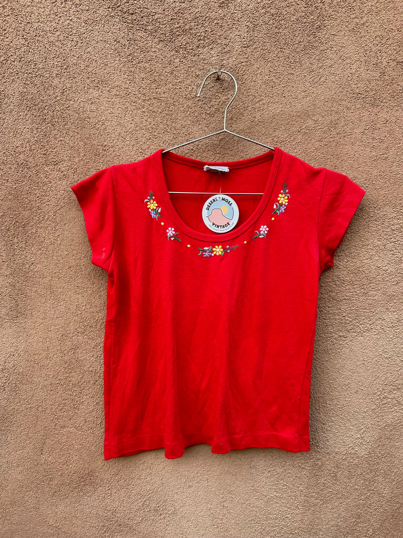 Red Scoop Neck Tee with Floral Embroidery